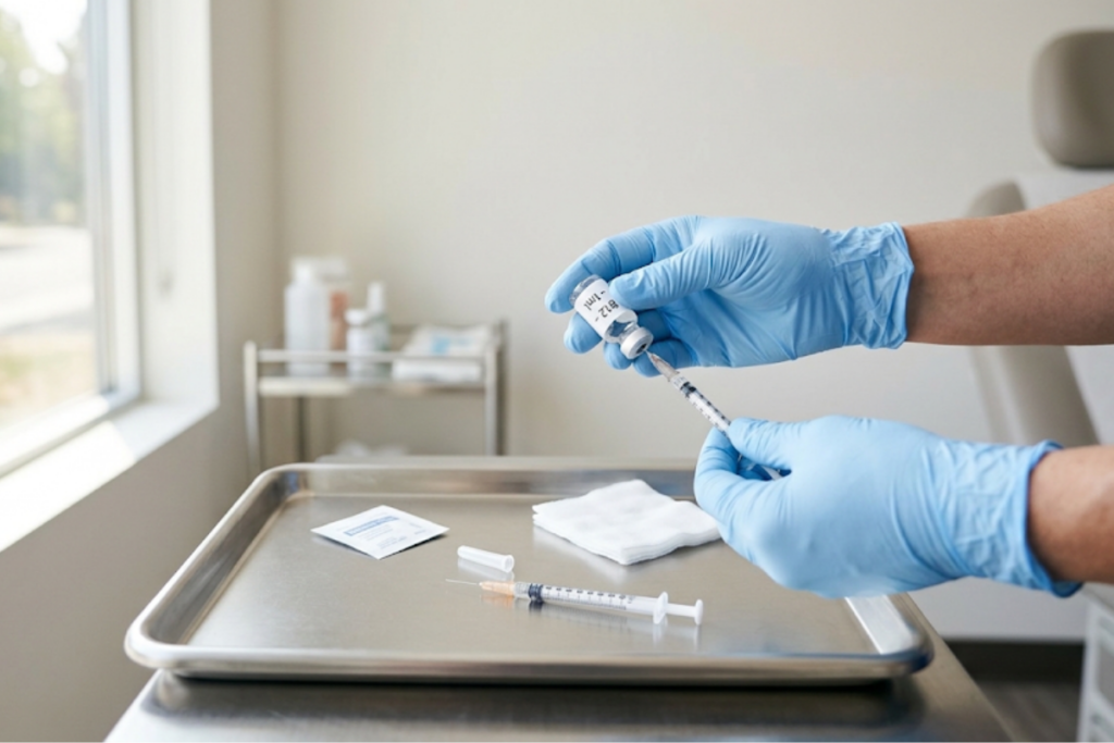 Gloved hands drawing liquid from a vial into a syringe on a metal medical tray in a clinical setting.