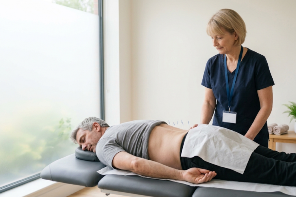 Therapist in navy scrubs treats a patient lying face down on a padded table by a large window.