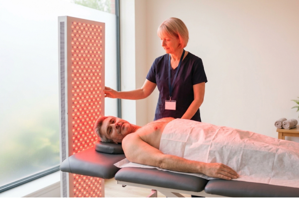 Patient lying on a treatment table under a red light therapy panel being adjusted by a clinician in a bright room.