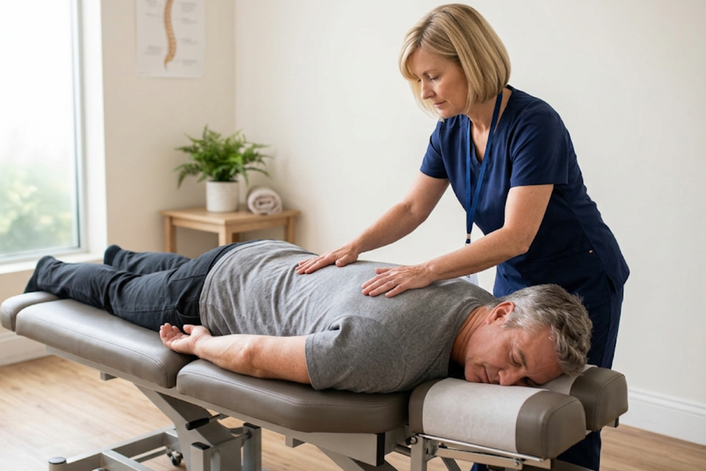 Chiropractor performing a back adjustment on a man lying face down on an examination table in a bright clinic room
