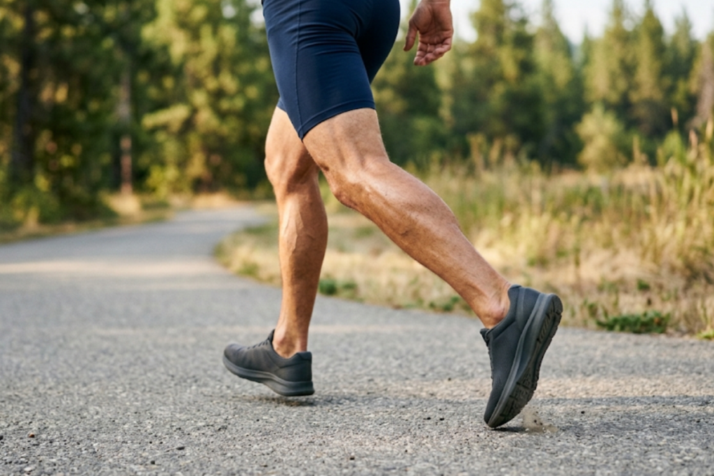 Person mid-stride walking on a paved trail, wearing dark athletic shorts and gray sneakers, with a forested backdrop.