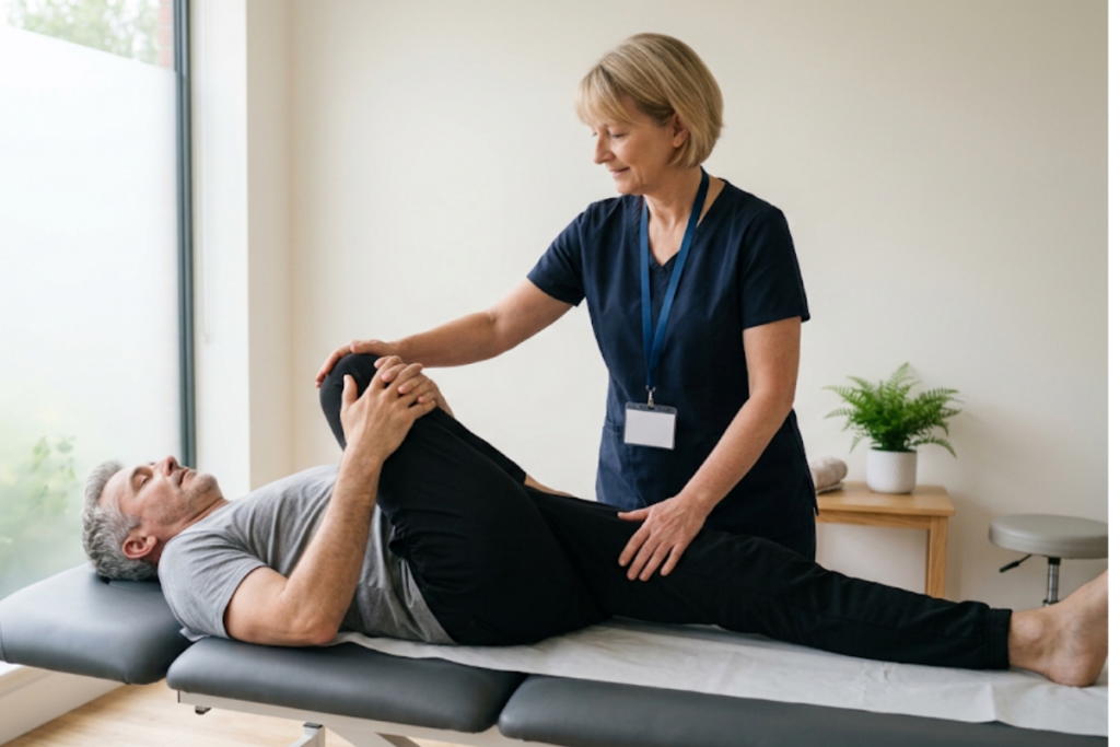 Physiotherapist helps a man perform a leg stretch on a treatment table in a clinic