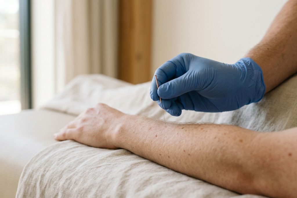 Gloved hand inserting a tiny needle into a patient’s forearm during a medical procedure with the patient lying on a bed.