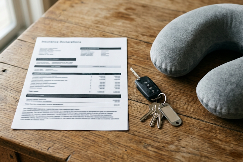 Insurance declaration form on a wooden table beside car keys and a gray neck pillow.