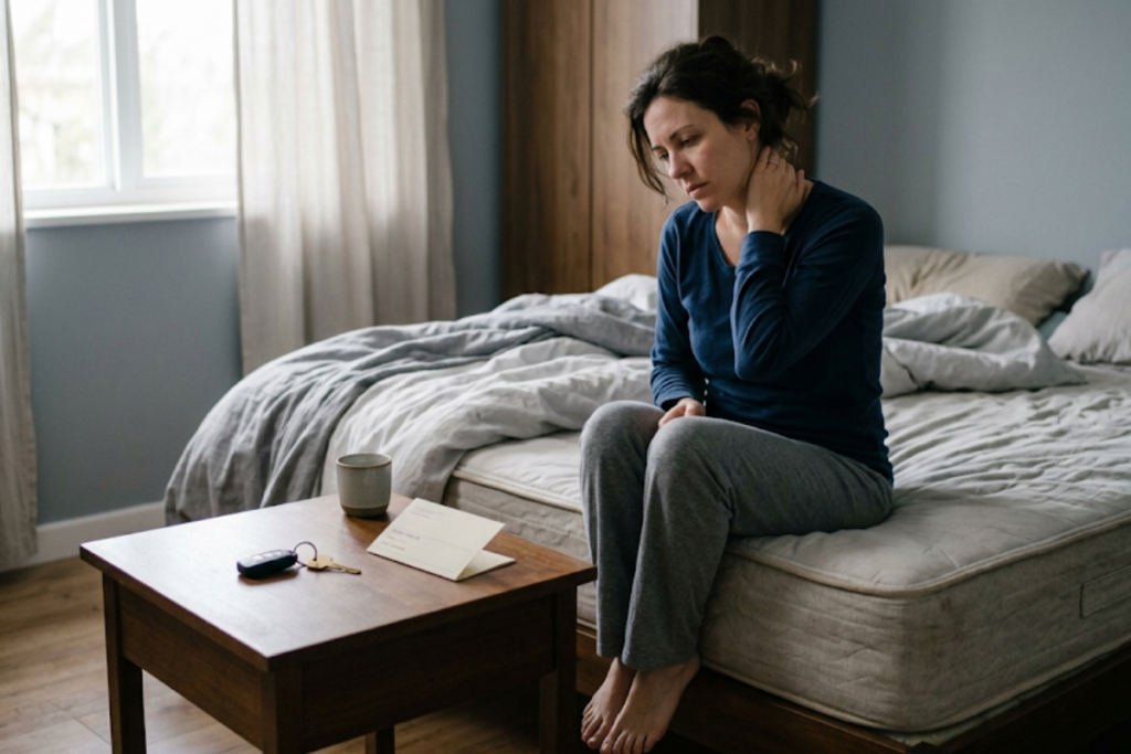 Woman sits on the edge of a bed in a blue top, touching her neck in discomfort; a mug and a note sit on a nearby wooden table.