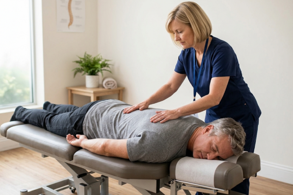 Therapist in blue scrubs applies back treatment to a man lying face down on a padded clinic table in a bright room with a plant nearby.