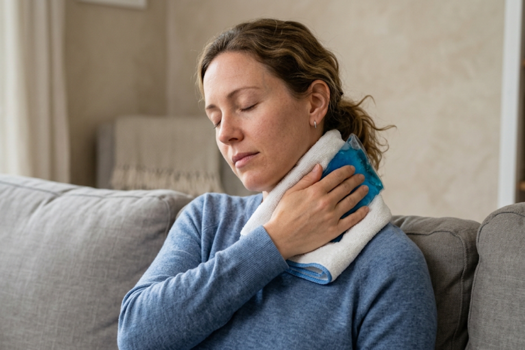 Woman on a sofa with an ice pack on her neck, eyes closed, resting.