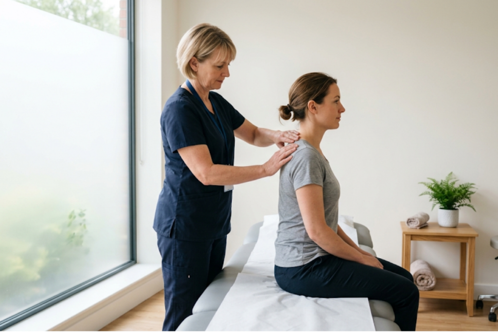 Physiotherapist standing behind seated patient, applying shoulder and neck treatment in a clinic room.