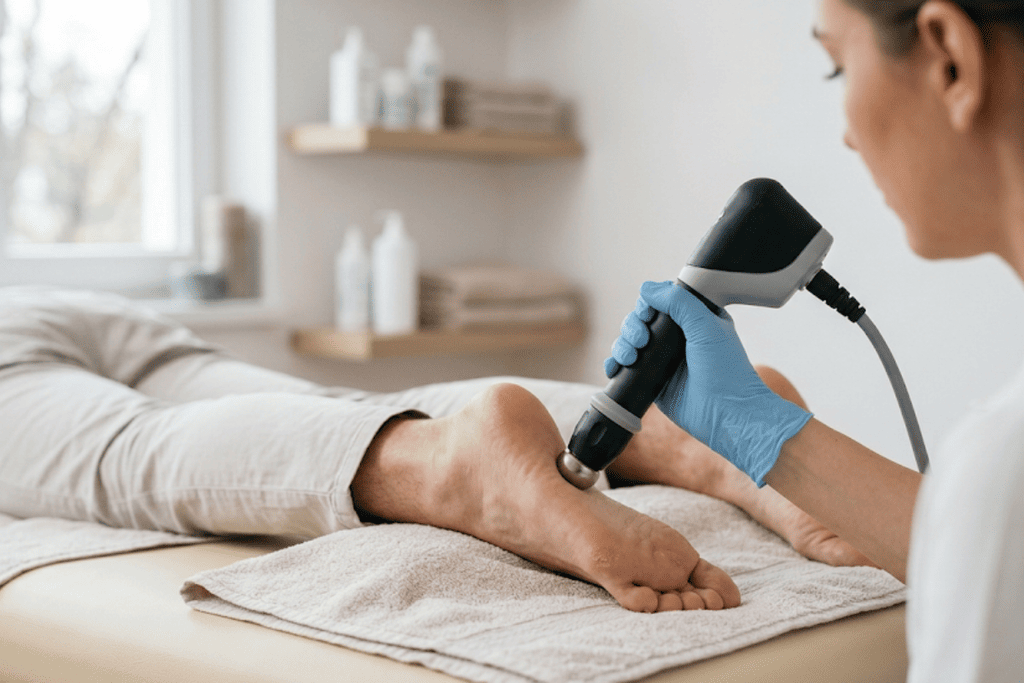 Therapist in blue gloves uses a handheld medical device on a patient’s ankle/foot during a clinic treatment.