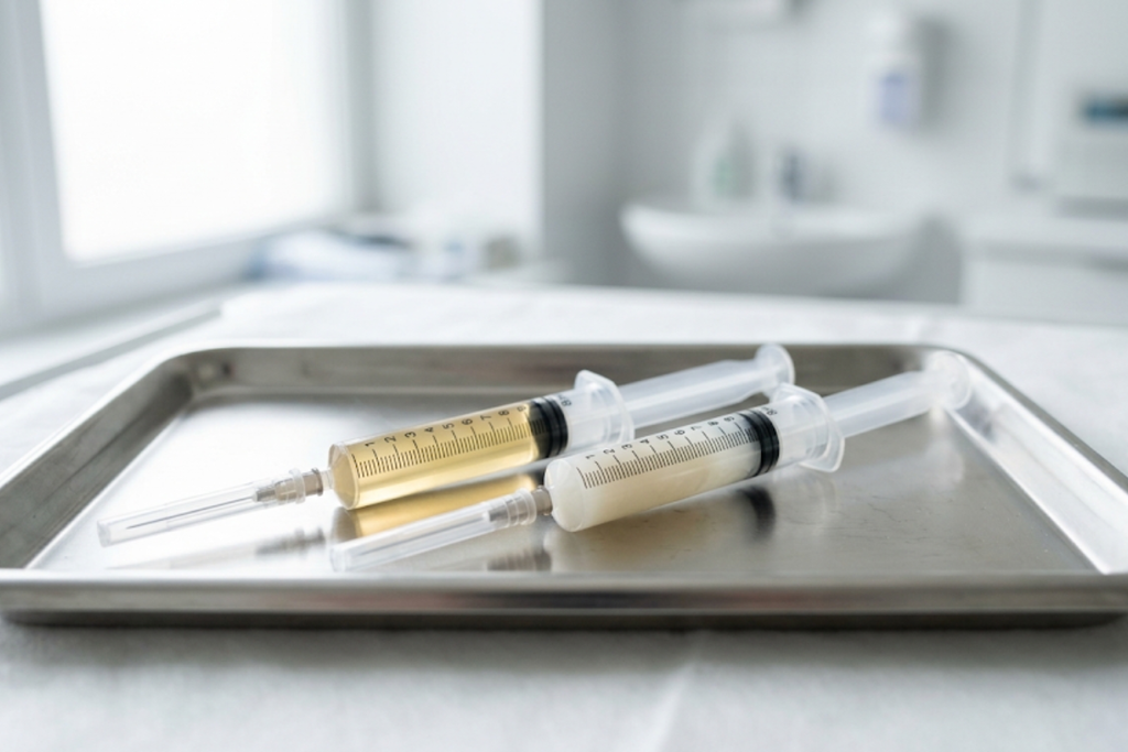 Two syringes filled with liquid rest on a stainless steel tray in a clinical room.