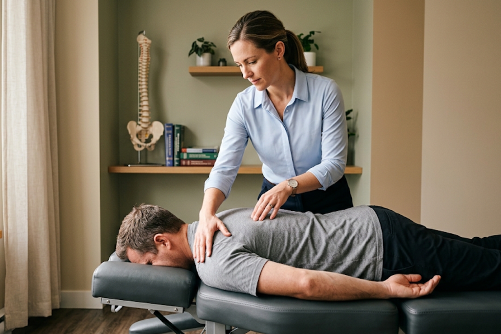 Chiropractor performing a back adjustment on a man lying face down on a therapy table in a clinic room